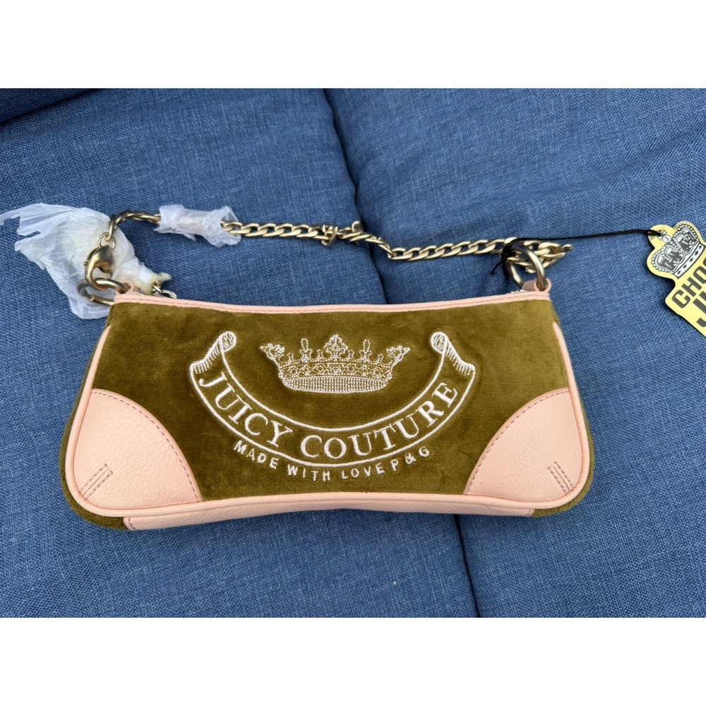 Juicy Couture Vintage Y2K Velour Shoulder Bag Gold Chain Handle Leather NWT